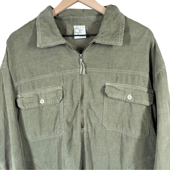 Aerie Offline Large Corduroy Raw Hem Long Sleeve Cotton Oversized Green 1/4 Zip - Picture 2 of 12